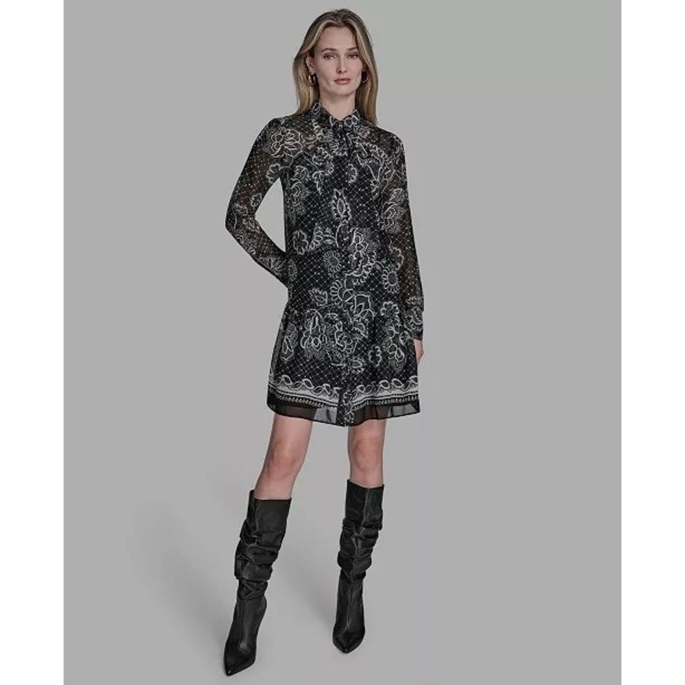 BCBG Shirt Dress Women 8 Black White Floral Drop Waist Ruffle Long Sleeve NWOT